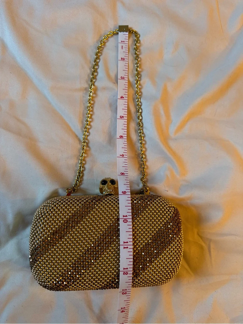 Gold Crystal Skull Evening Clutch with Chain Strap